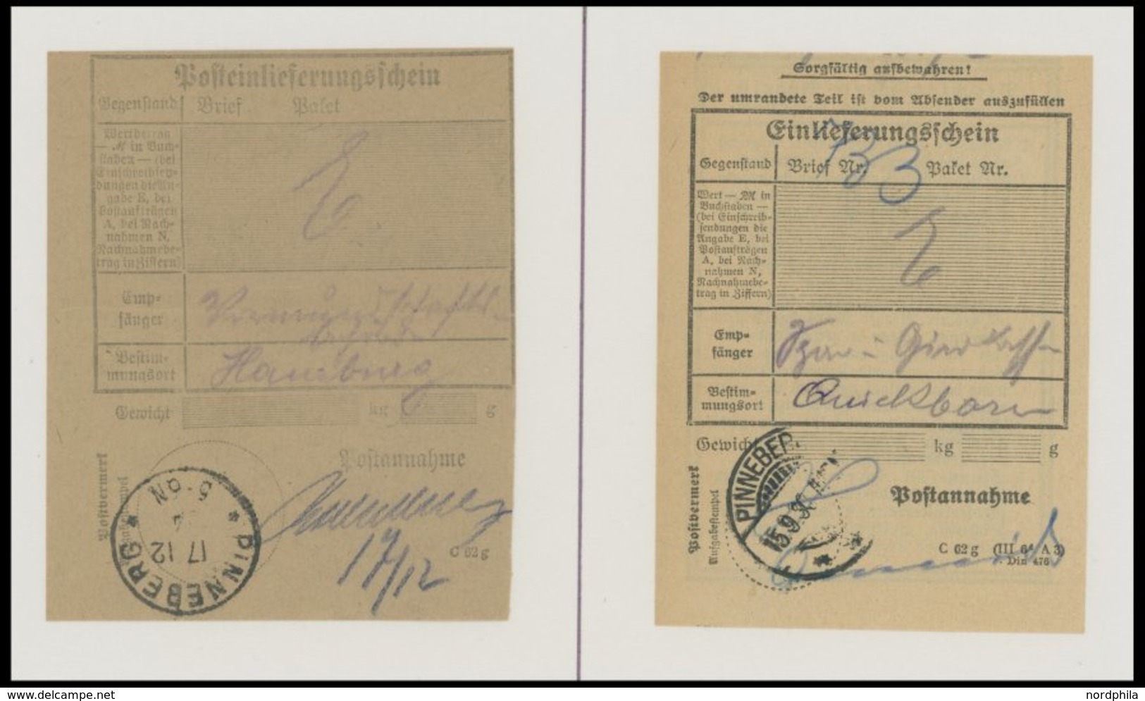 SCHLESWIG-HOLSTEIN 1889-1916, 8 Verschiedene Post-Einlieferungsscheine Von Ahrensburg, Bargteheide, Barmstedt Und Pinneb - Schleswig-Holstein