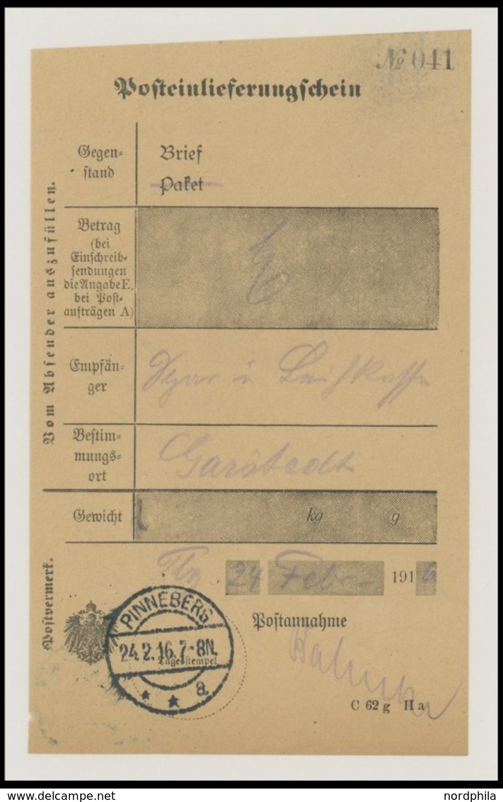 SCHLESWIG-HOLSTEIN 1889-1916, 8 Verschiedene Post-Einlieferungsscheine Von Ahrensburg, Bargteheide, Barmstedt Und Pinneb - Schleswig-Holstein