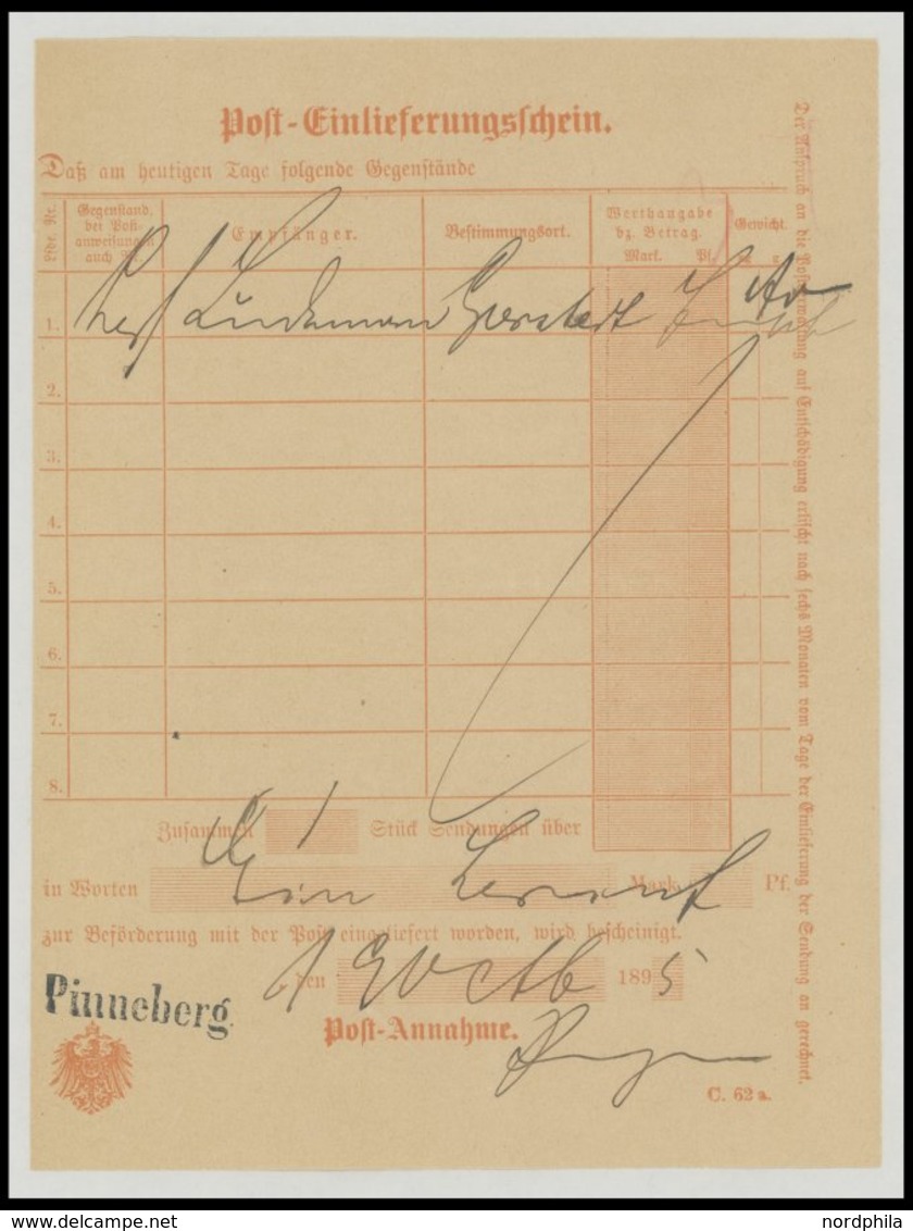 SCHLESWIG-HOLSTEIN 1889-1916, 8 Verschiedene Post-Einlieferungsscheine Von Ahrensburg, Bargteheide, Barmstedt Und Pinneb - Schleswig-Holstein