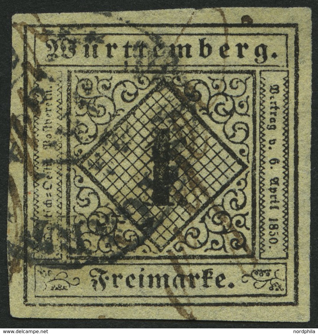 WÜRTTEMBERG 1yb O, 1851, 1 Kr. Schwarz Auf Mittelgraugelbem Seidenpapier, Feinst, Gepr. Thoma, Mi. 300.- - Altri & Non Classificati