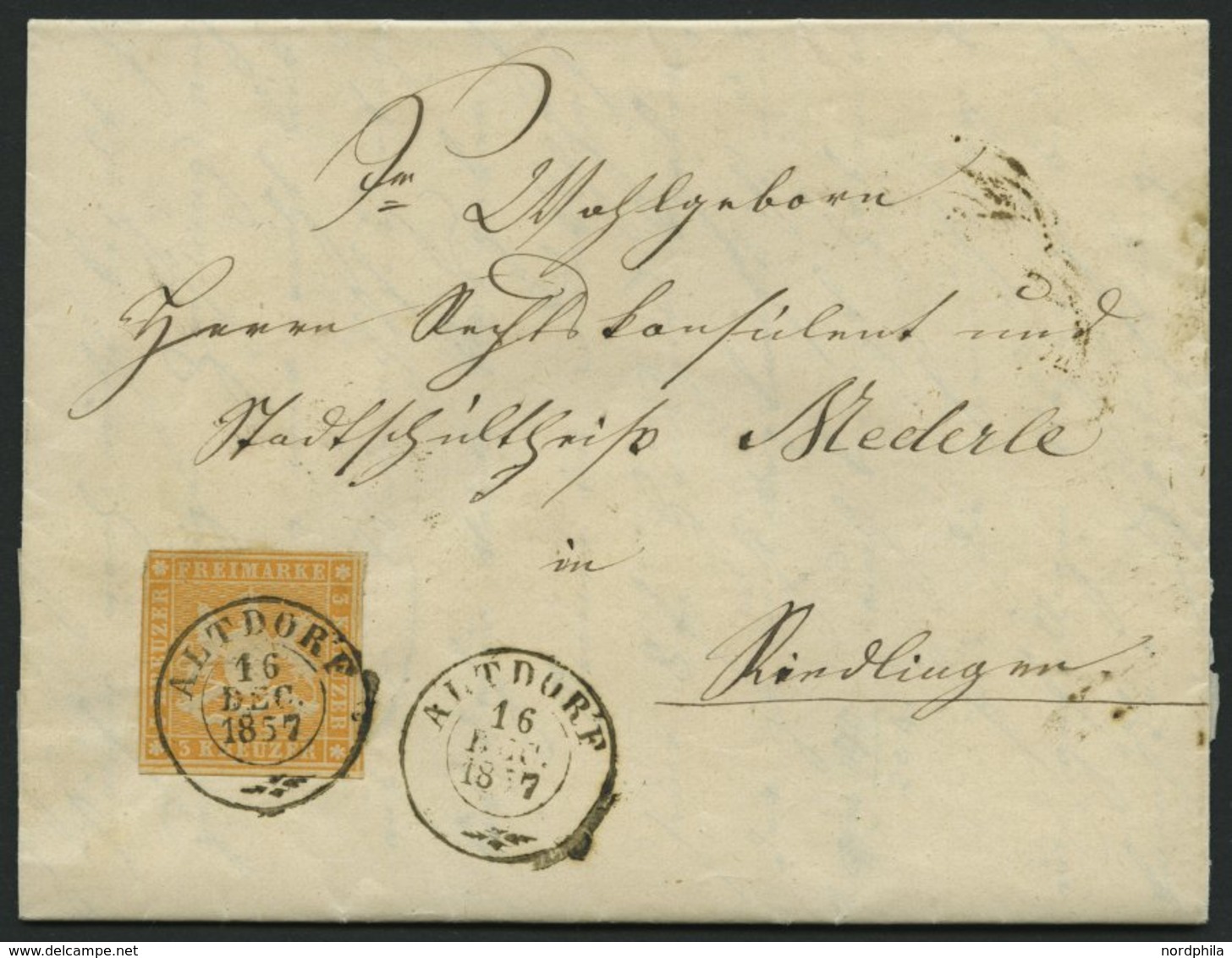 WÜRTTEMBERG 7c BRIEF, 1857, 3 Kr. Orange (dreiseitig Breitrandig) Auf Brief Mit K2 ALTDORF, Pracht, Gepr. Irtenkauf - Other & Unclassified