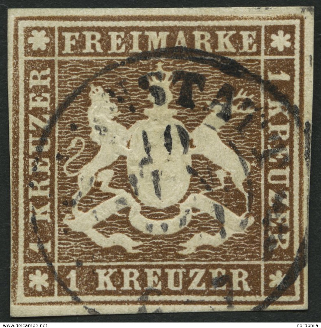 WÜRTTEMBERG 11a O, 1859, 1 Kr. Braun, Pracht, Gepr. Pfenninger, Mi. 130.- - Altri & Non Classificati