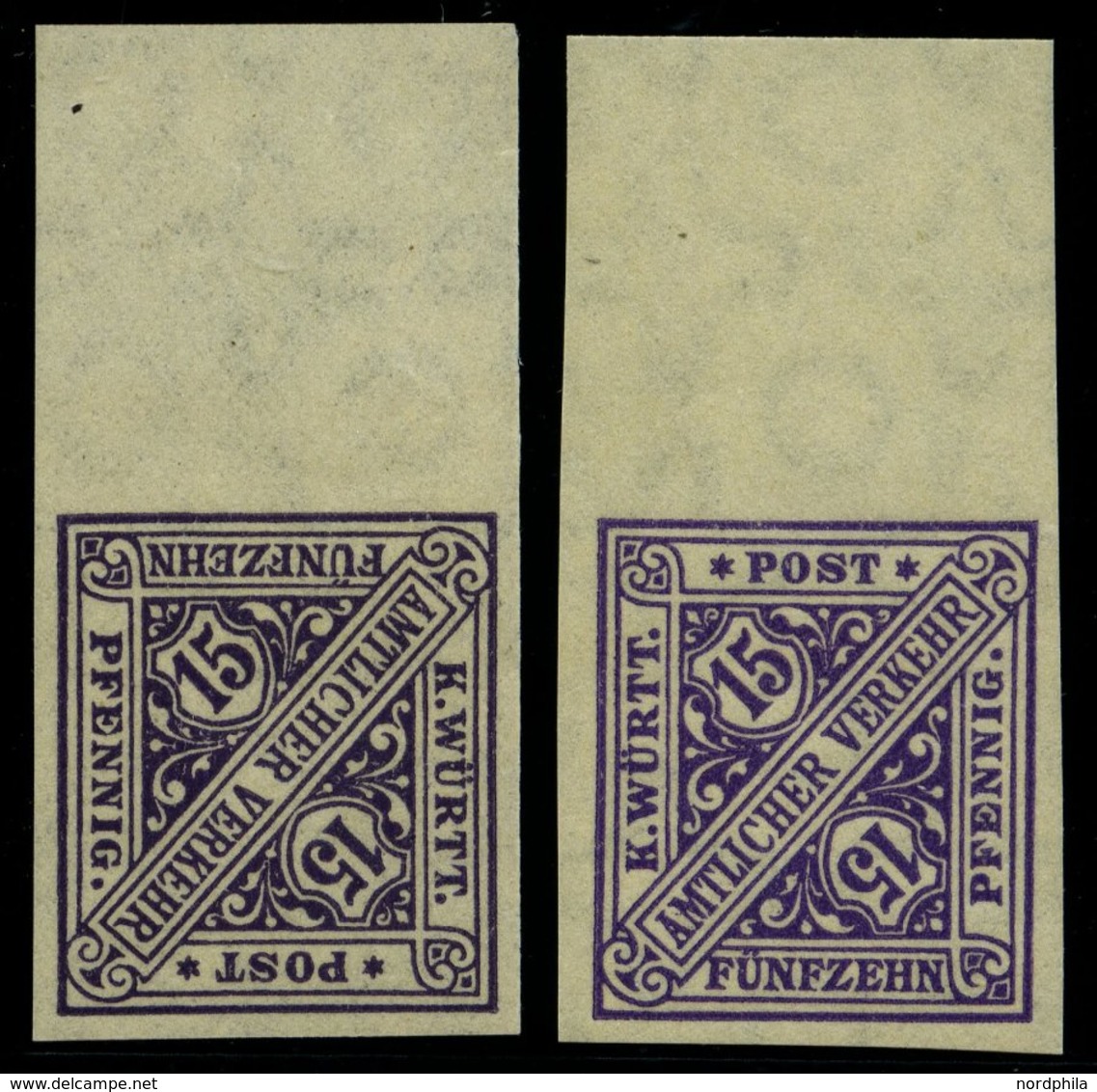 WÜRTTEMBERG 252PU **, 1917, 15 Pf. Violettschwarz (2 Verschiedene Farben!), Ungezähnt, Mit Oberrand, 2 Prachtwerte (1x L - Autres & Non Classés