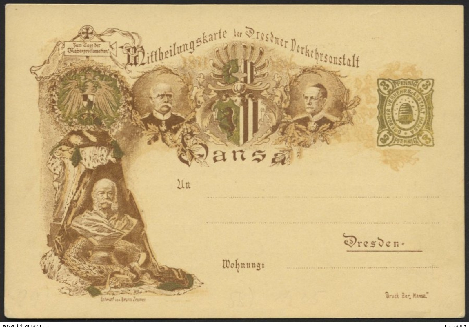 DRESDEN C P 57 BRIEF, HANSA: 1896, 3 Pf. Golden 25. Jahrestag Der Kaiserproklamation Wilhelm I., Druck Braun, Ungebrauch - Private & Local Mails