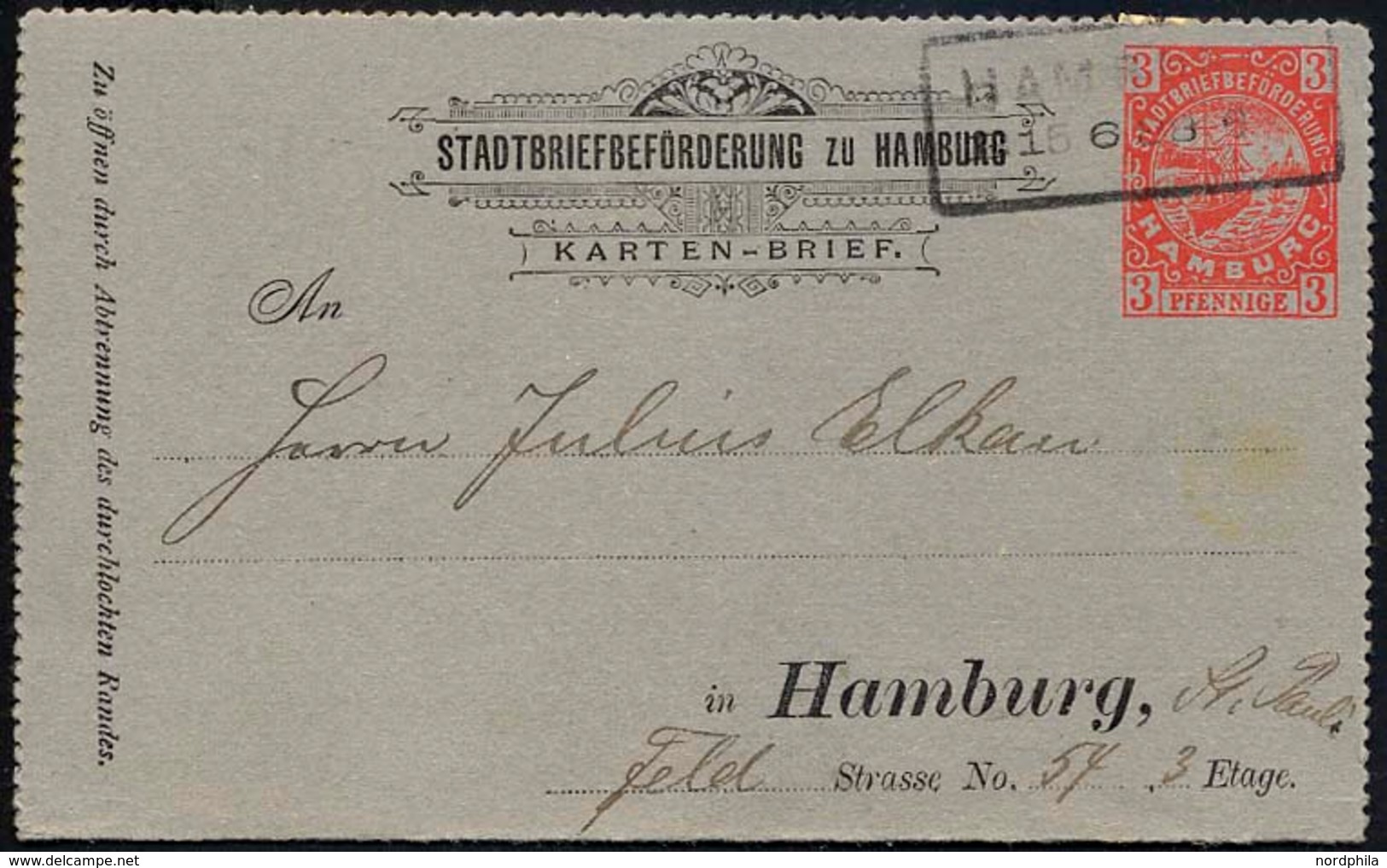 HAMBURG D K 1 BRIEF, HAMMONIA I: 1887, Kartenbrief, 3 Pf. Rot Auf Blaugrau, R2, Pracht - Private & Local Mails