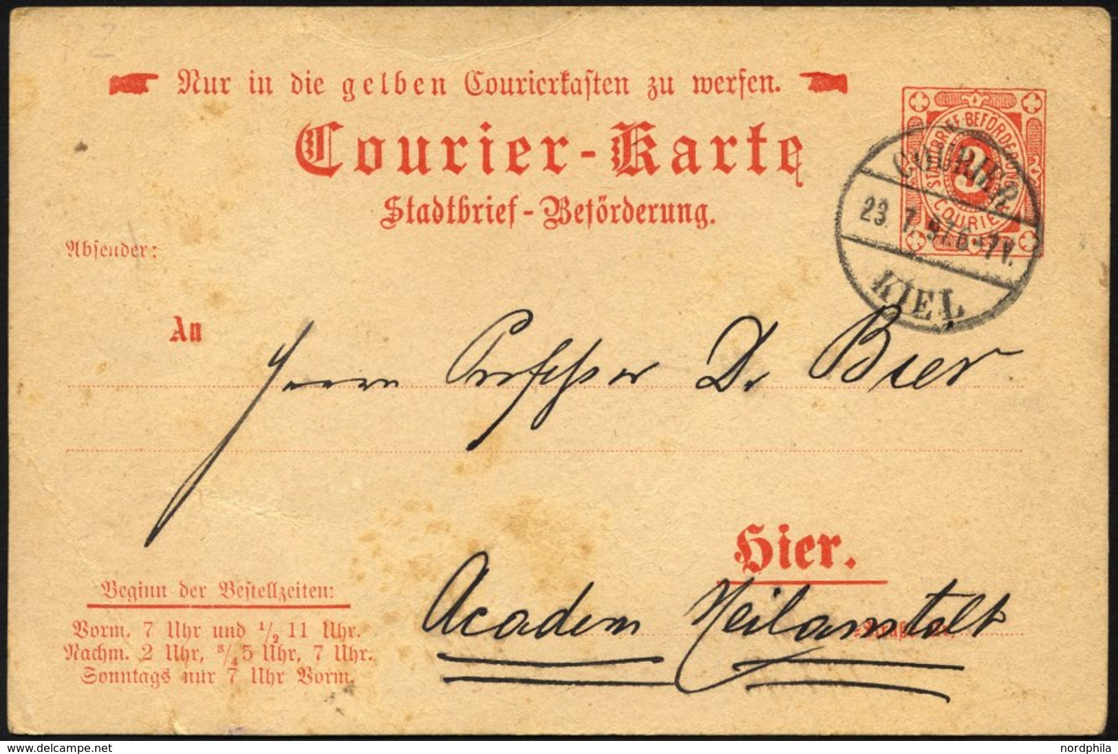 KIEL A P 2 BRIEF, COURIER: 1896, 3 Pf. Rot, Ohne Rahmen, Stempel 23.7.97, Karte Feinst (etwas Fleckig) - Privatpost