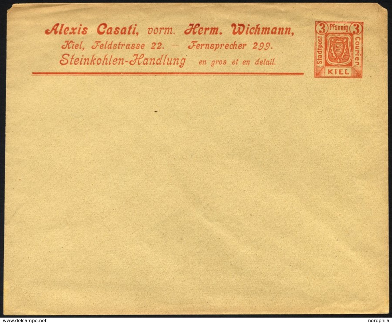 KIEL A PU 3 BRIEF, 1899, Privatumschlag 3 Pf. Orange, Ungebraucht, Feinst - Correos Privados & Locales