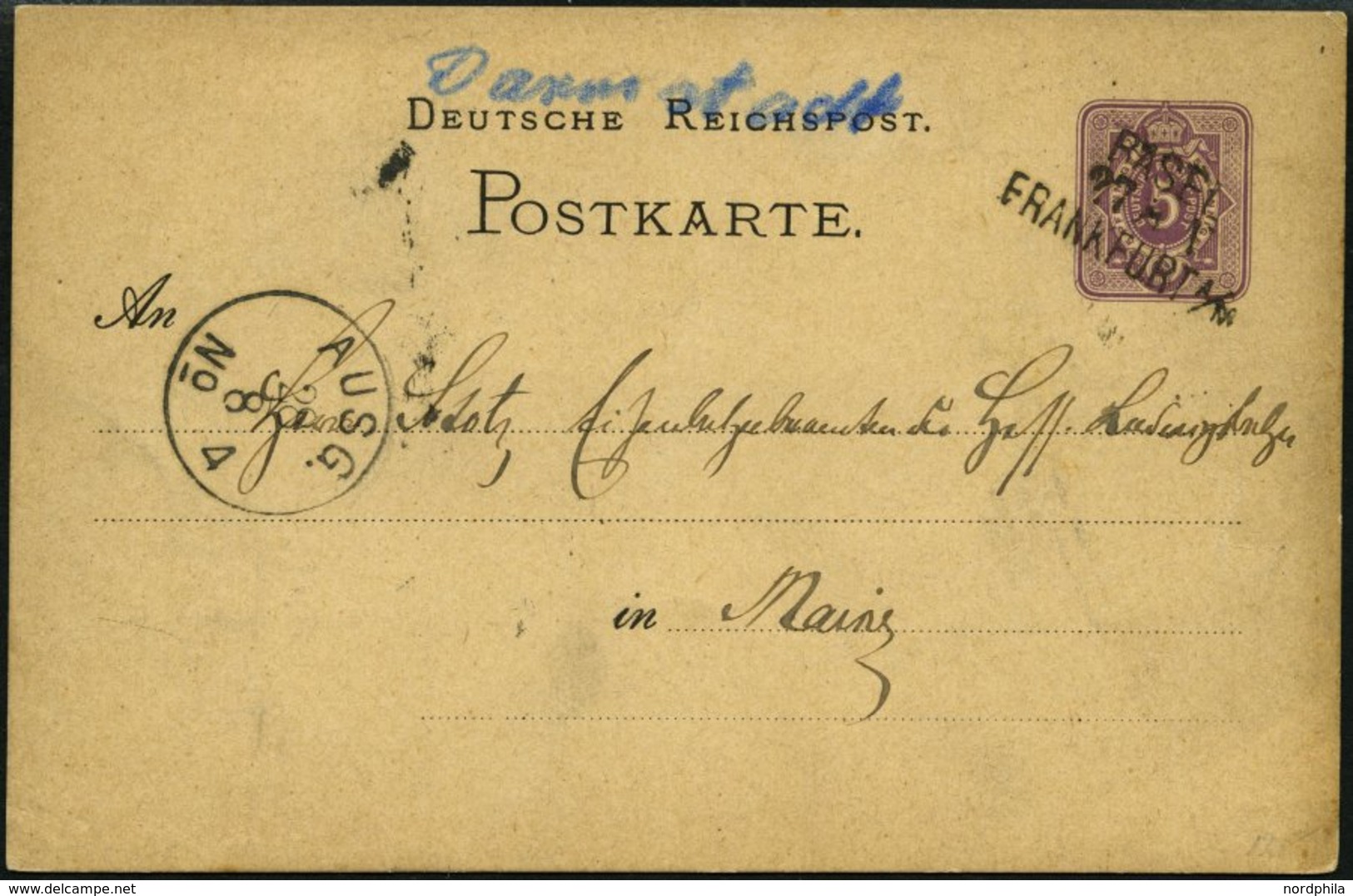 BAHNPOST DR P 5 BRIEF, Basel-Frankfurt, L3 Und Handschriftlich DARMSTADT Auf 5 Pfe. Ganzsachenkarte Von 1879, Feinst - Máquinas Franqueo (EMA)
