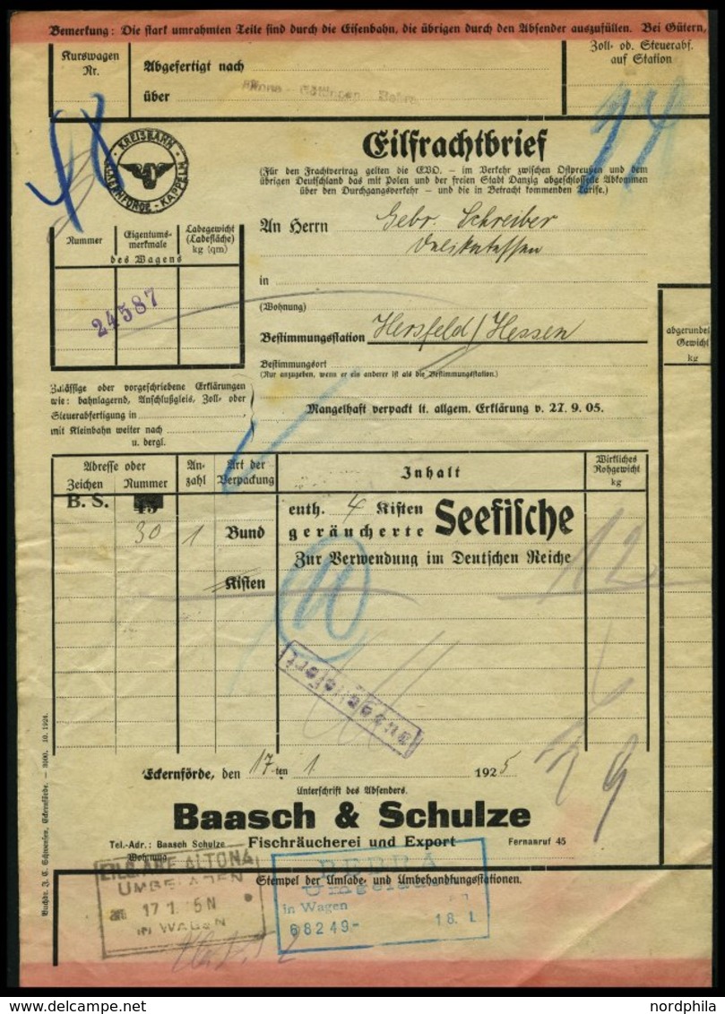 BAHNPOST Eckernförde-Kappeln (Zug 5 Und 7 (2x)), 1892-1933, 6 Karten, Dazu 2 Eilfrachtbriefe Für Geräucherte Seefische,  - Franking Machines (EMA)