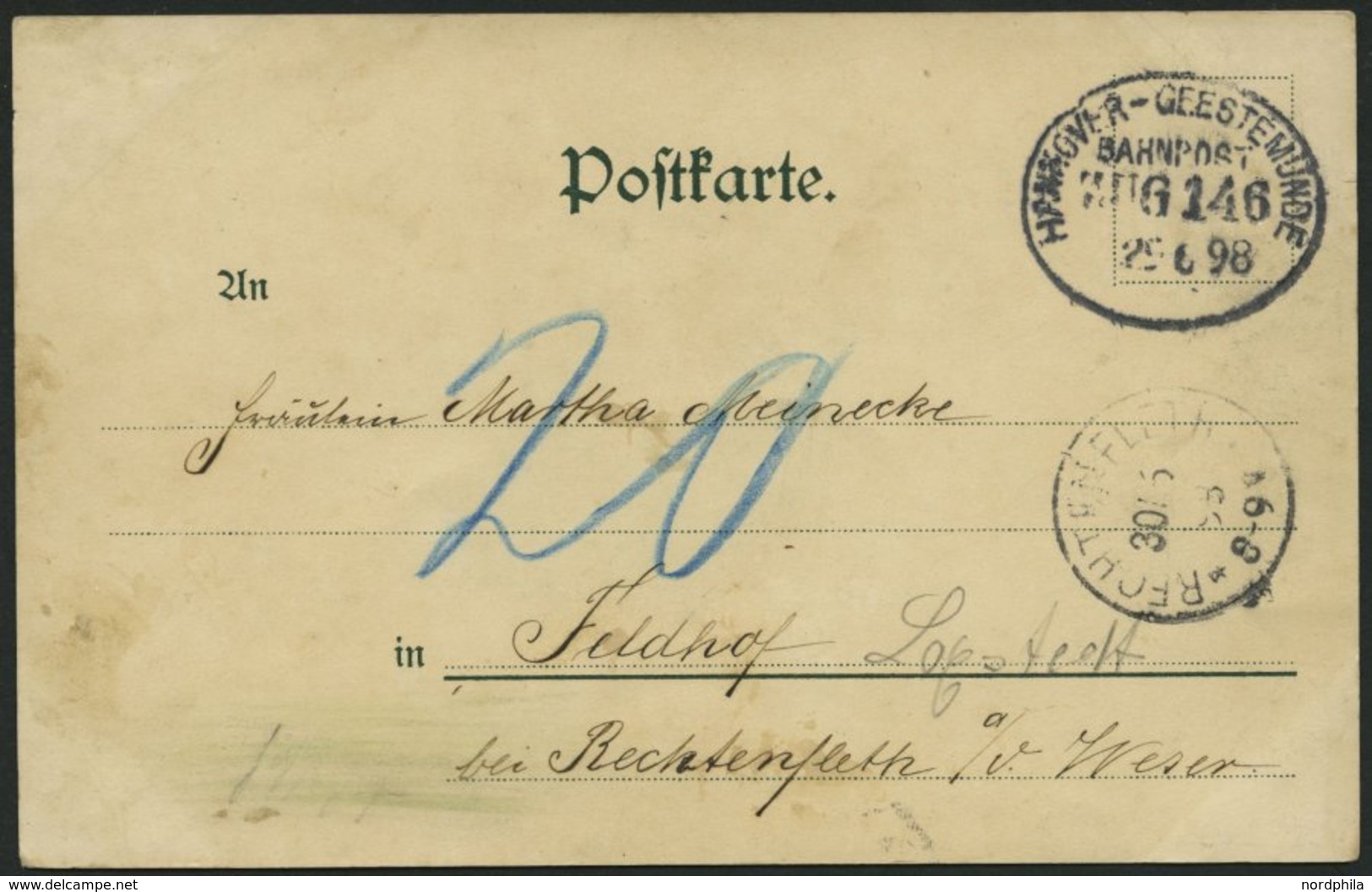 BAHNPOST Hannover-Geestemünde (Zug 146) Auf Ansichtskarte (Moderne Galerie) Von 1898 Nach Feldhof Mit Nachporto, Pracht - Máquinas Franqueo (EMA)