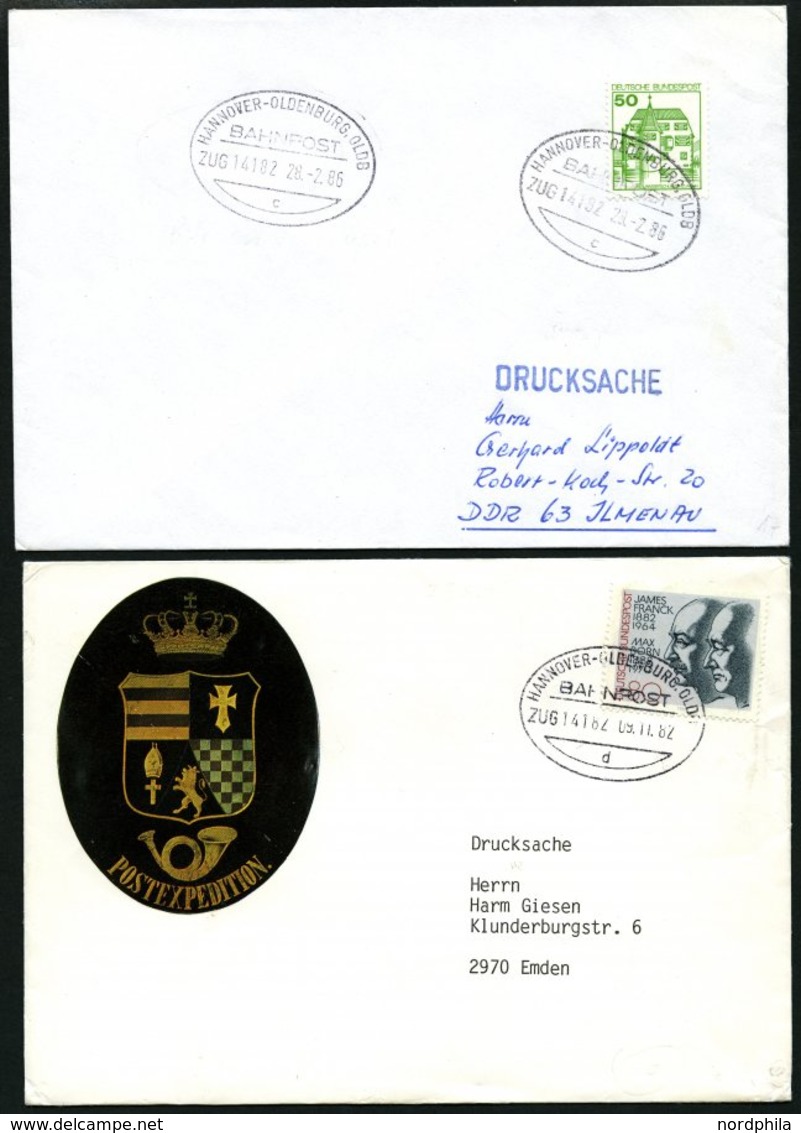 BAHNPOST Hannover-Oldenburg (Zug 149,14182 (3x) Und 3145), 1937-1993, 5 Belege Pracht, Dazu Beutelfahne Und Ortsbund, Pr - Macchine Per Obliterare (EMA)