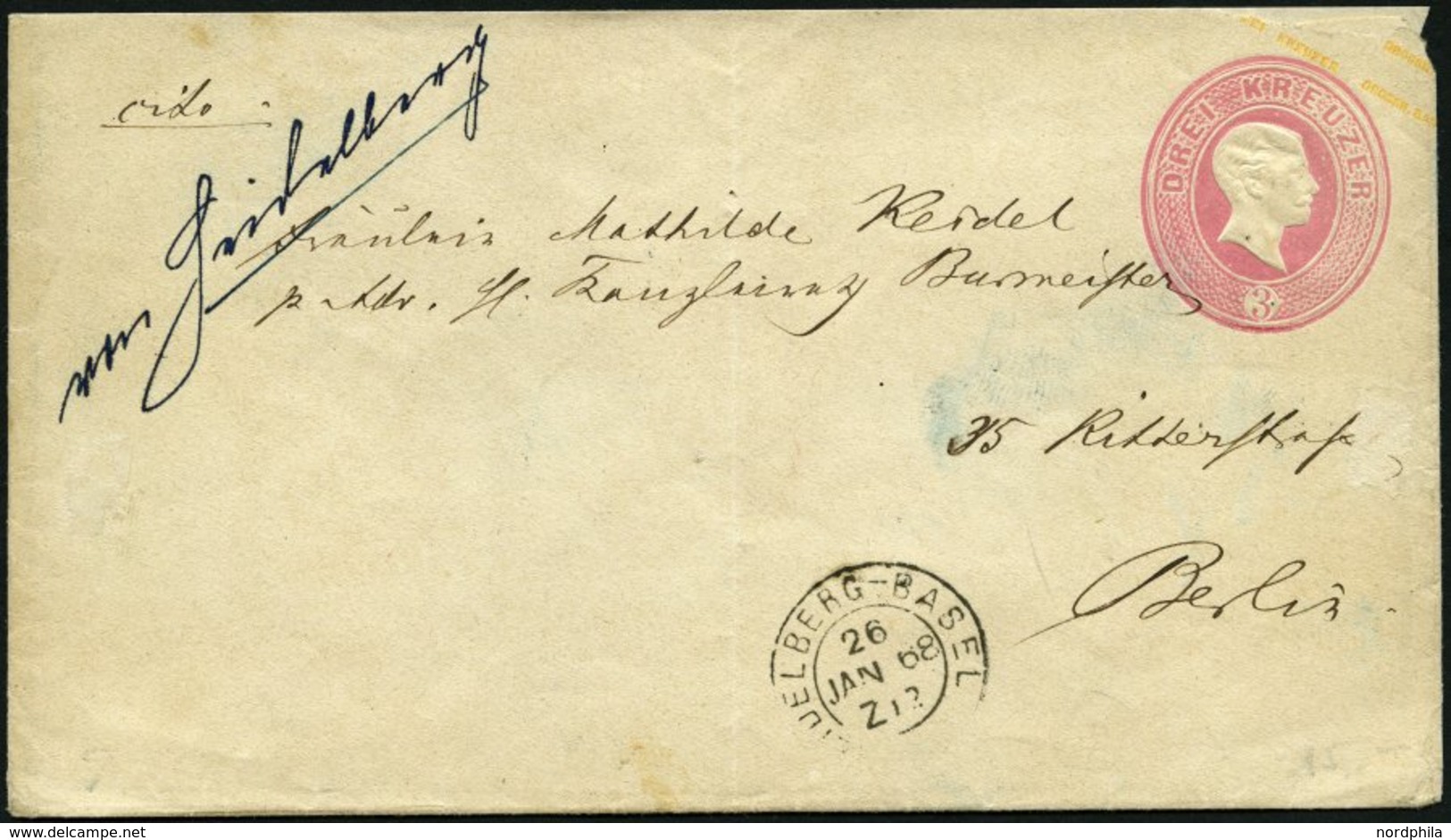 BAHNPOST Baden U 12 BRIEF, Heidelberg-Basel, K2 Und Handschriftlich VON HEIDELBERG Auf 3 Kr. Ganzsachenumschlag Von 1868 - Franking Machines (EMA)