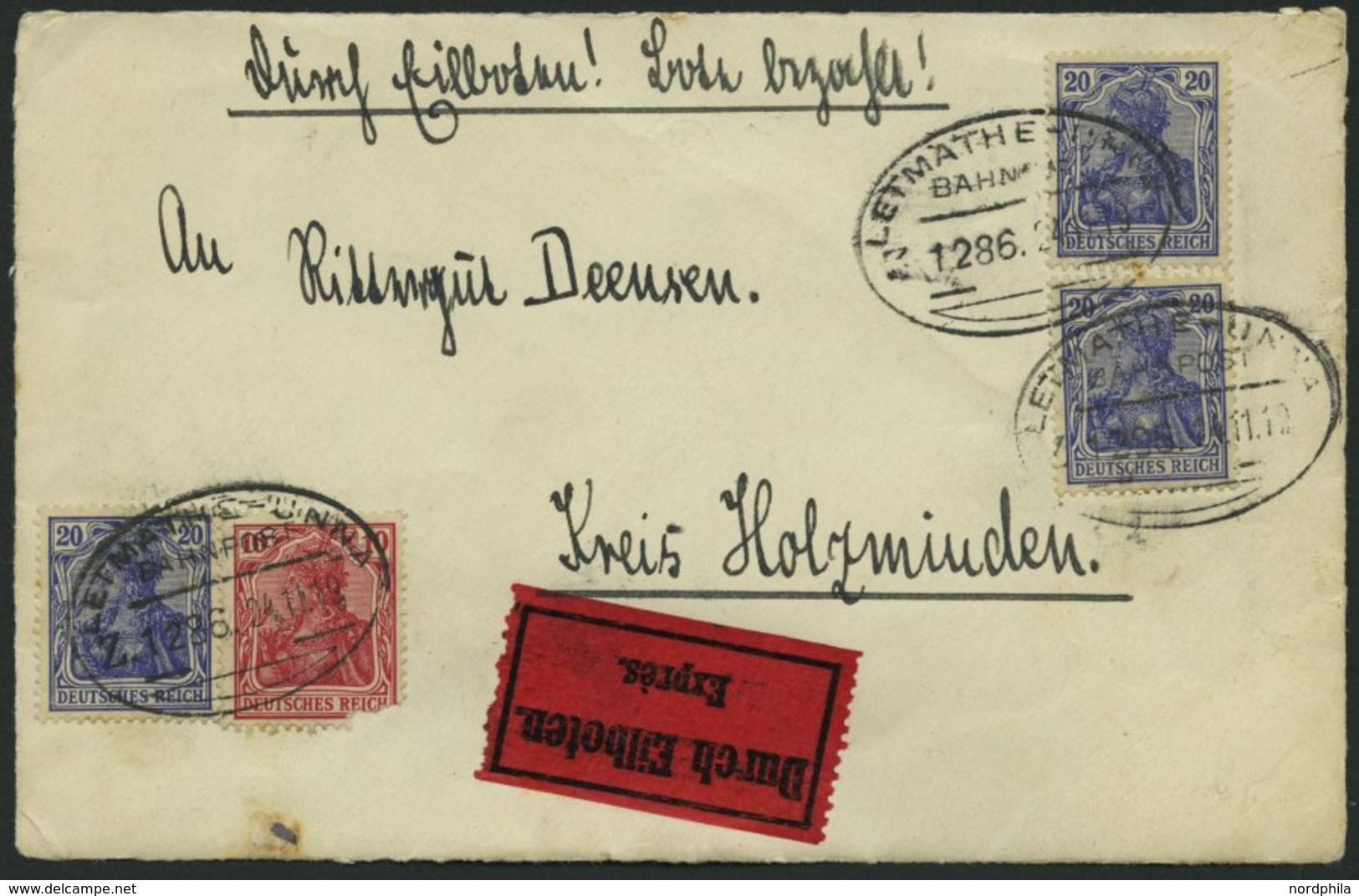 BAHNPOST Letmathen-Unna (Zug 1286) Auf Eilbrief-Vorderseite Mit 10 Und 3x 20 Pf. Germania Von 1919, Feinst - Macchine Per Obliterare (EMA)