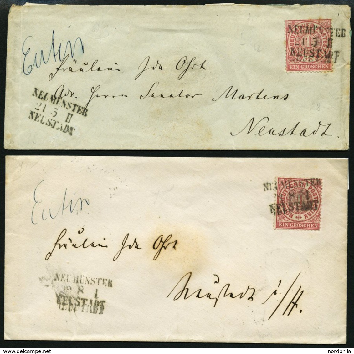 BAHNPOST NDP 16 BRIEF, Neumünster-Neustadt, L3 Und Handschriftlich EUTIN Auf 2 Briefen Mit 1 Gr. Karmin Von 1868 Und 186 - Macchine Per Obliterare (EMA)