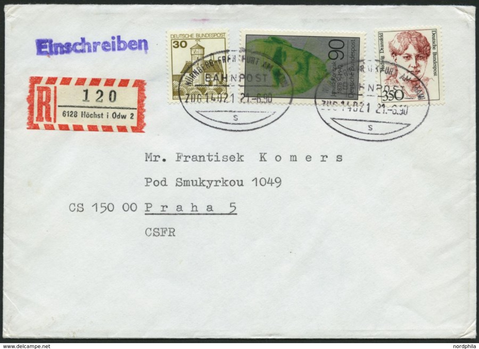 BAHNPOST Bund U.a. 1393 BRIEF, Nürnberg-Frankfurt Am Main (Zug 14021) Auf Einschreibbrief Mit U.a. 350 Pf. Dransfeld Von - Franking Machines (EMA)