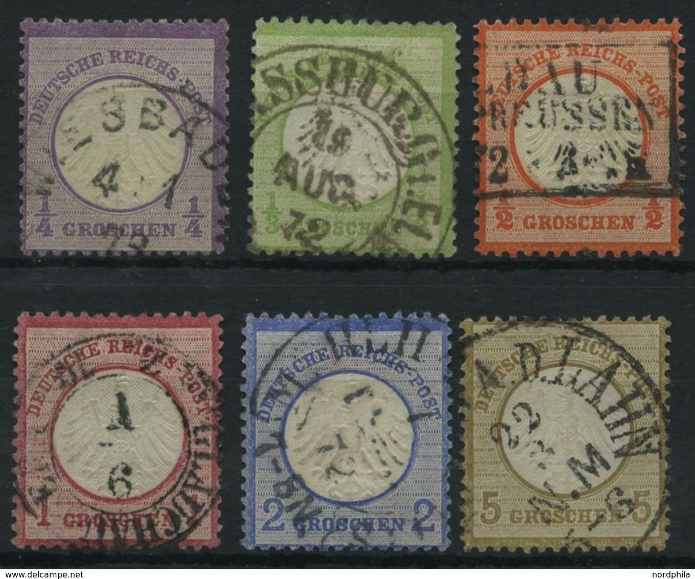 Dt. Reich 1-6 O, 1872, 1/4 - 5 Gr. Kleine Brustschilde, 6 Prachtwerte, Mi. 375.- - Gebraucht