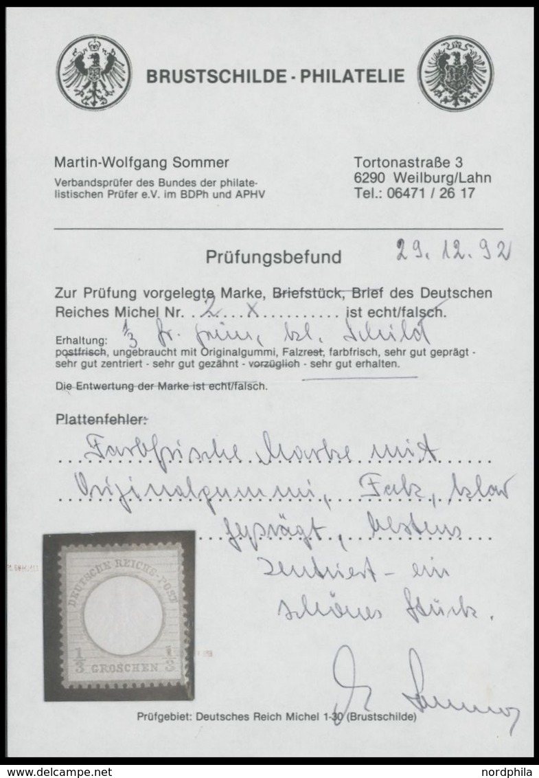 Dt. Reich 2a *, 1872, 1/3 Gr. Gelblichgrün, Falzrest, Farbfrisch, Kabinett, Gepr. Leonhard Und Fotobefund Sommer, Mi. (6 - Gebraucht