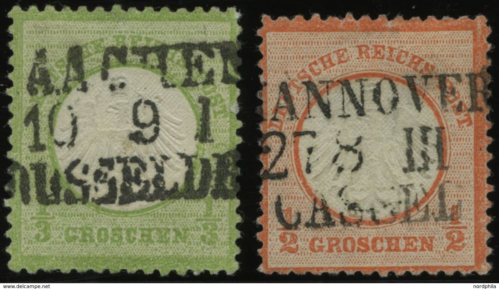 Dt. Reich 2a,3 O, 1872, 1/3 Gr. Gelblichgrün Und 1/2 Gr. Ziegelrot Mit Zentrischen L3 AACHEN/DÜSSELDORF Und HANNOVER/CAS - Gebraucht