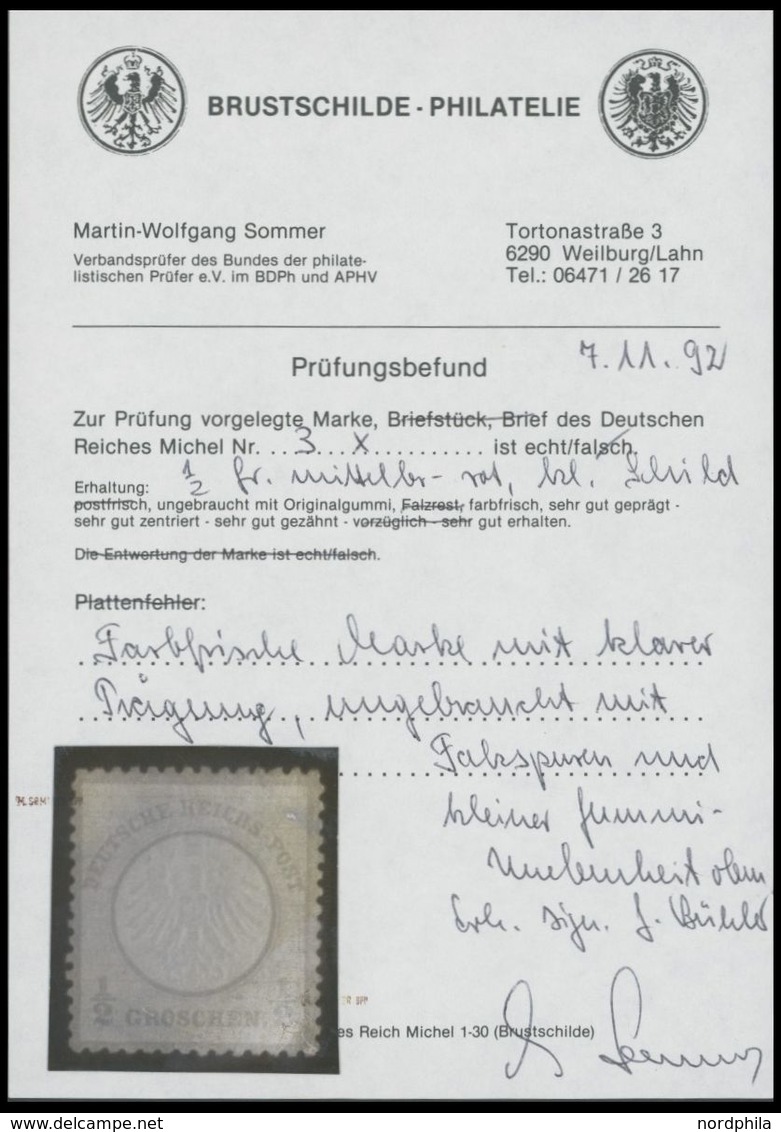 Dt. Reich 3 *, 1872, 1/2 Gr. Ziegelrot, Falzreste Und Kleine Gummiunebenheiten, Sonst Farbfrisches Prachtstück, Gepr. Bü - Used Stamps