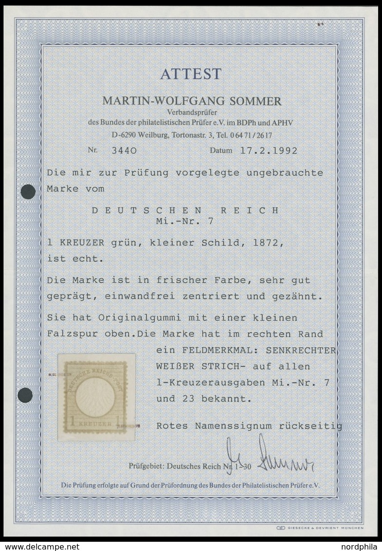 Dt. Reich 7 *, 1872, 1 Kr. Gelblichgrün Mit Feldmerkmal: Weißer Strich Im Rechten Rand, Falzrest, Farbfrisch, Kabinett,  - Oblitérés