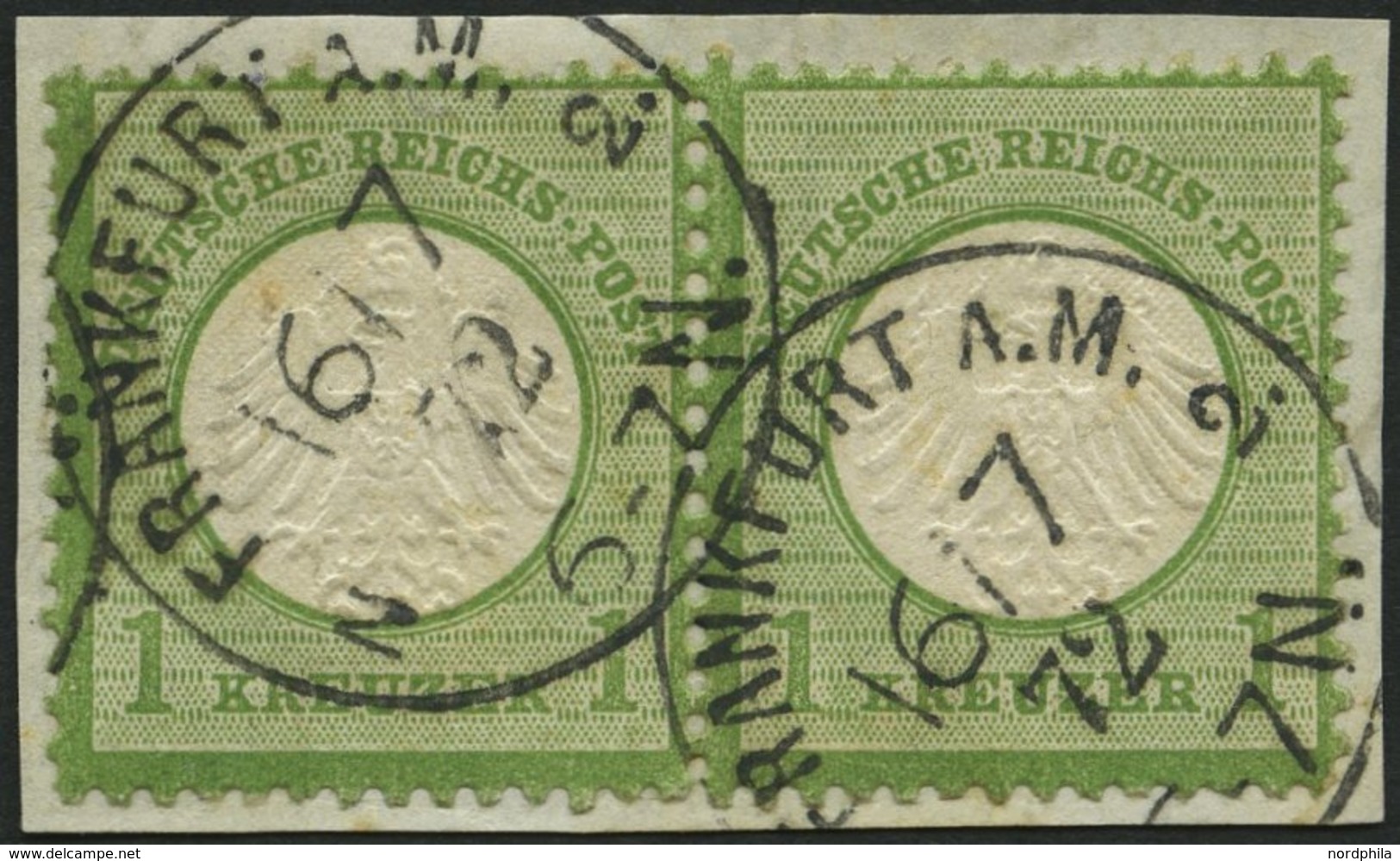 Dt. Reich 7 Paar BrfStk, 1872, 1 Kr. Gelblichgrün Im Waagerechten Paar, K1 FRANKFURT A.M., Prachtbriefstück, Fotobefund  - Gebraucht