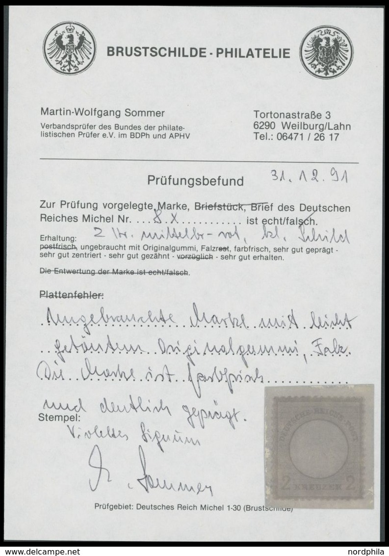 Dt. Reich 8 *, 1872, 2 Kr. Ziegelrot, Falzrest, Leicht Getönter Gummi, Farbfrisch, Pracht, Fotobefund Sommer, Mi. 800.- - Usati