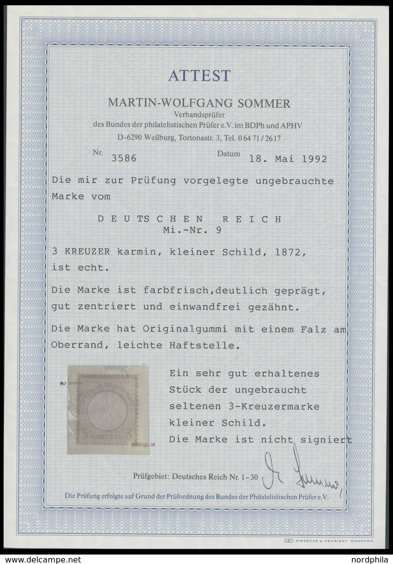 Dt. Reich 9 *, 1872, 3 Kr. Karmin, Falzreste, Farbfrisches, Sehr Gut Gezähntes Prachtstück, Fotoattest Sommer, Mi. (2400 - Gebraucht