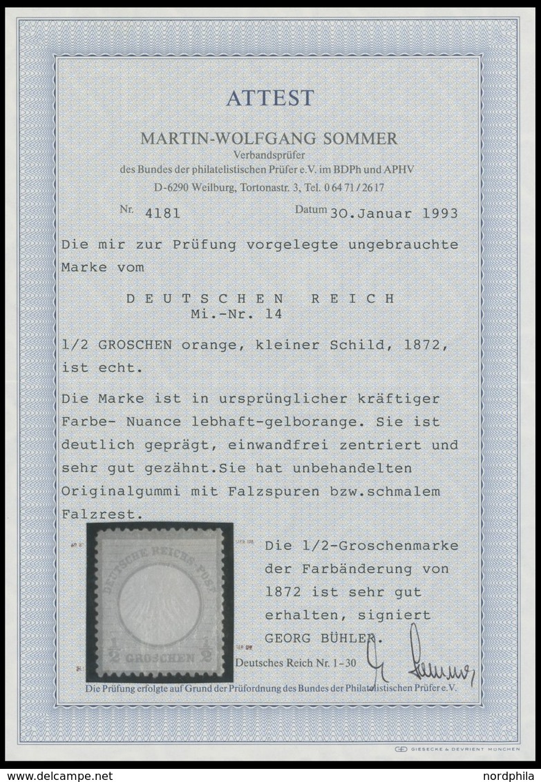 Dt. Reich 14 *, 1872, 1/2 Gr. Orange, Falzreste, Farbfrisch, Kabinett, Gepr. Bühler Und Fotoattest Sommer, Mi. (1500.-) - Gebraucht