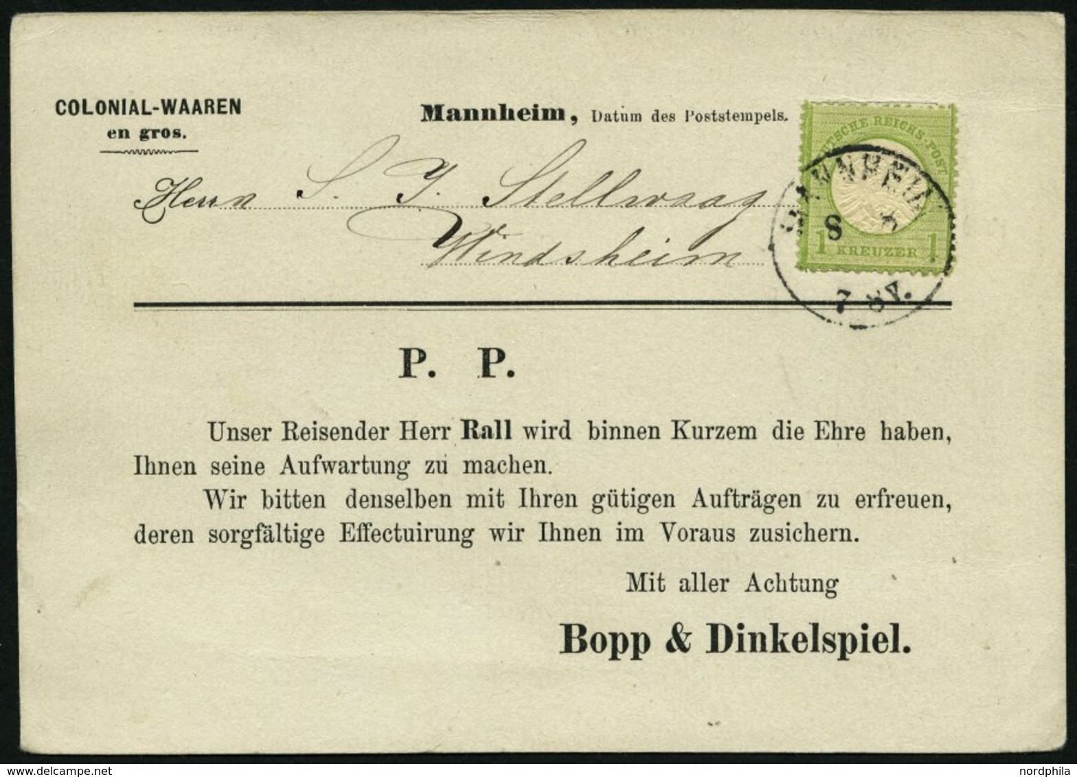 Dt. Reich 23a BRIEF, 1874, 1 Kr. Gelblichgrün, Kleine Marke (15L) Auf Gedruckter Vertreterkarte Mit K1 MANNHEIM, Pracht - Oblitérés