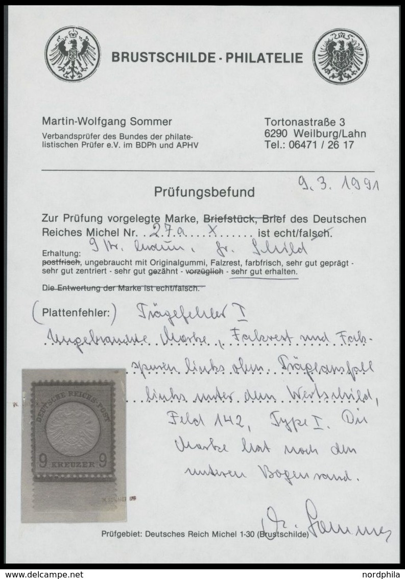 Dt. Reich 27aPräFI *, 1872, 9 Kr. Rötlichbraun, Unterrandstück Mit Prägefehler I Auf Feld 142, Falzrest, Pracht, Fotobef - Usati