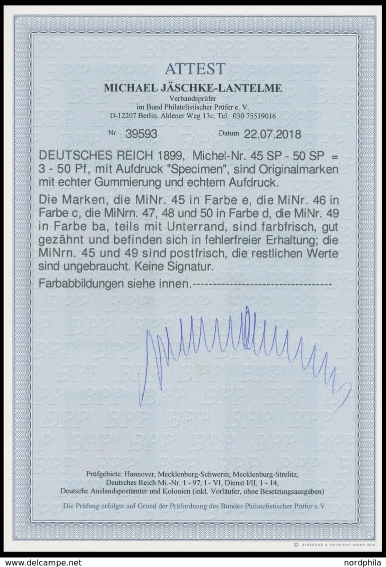 Dt. Reich 45-50SP *,** , 1889, Krone/Adler Mit Aufdruck SPECIMEN, Dabei Die Mi.Nr. 49 In Der Farbe Ba, Mi.Nr. 45 Und 49  - Usati