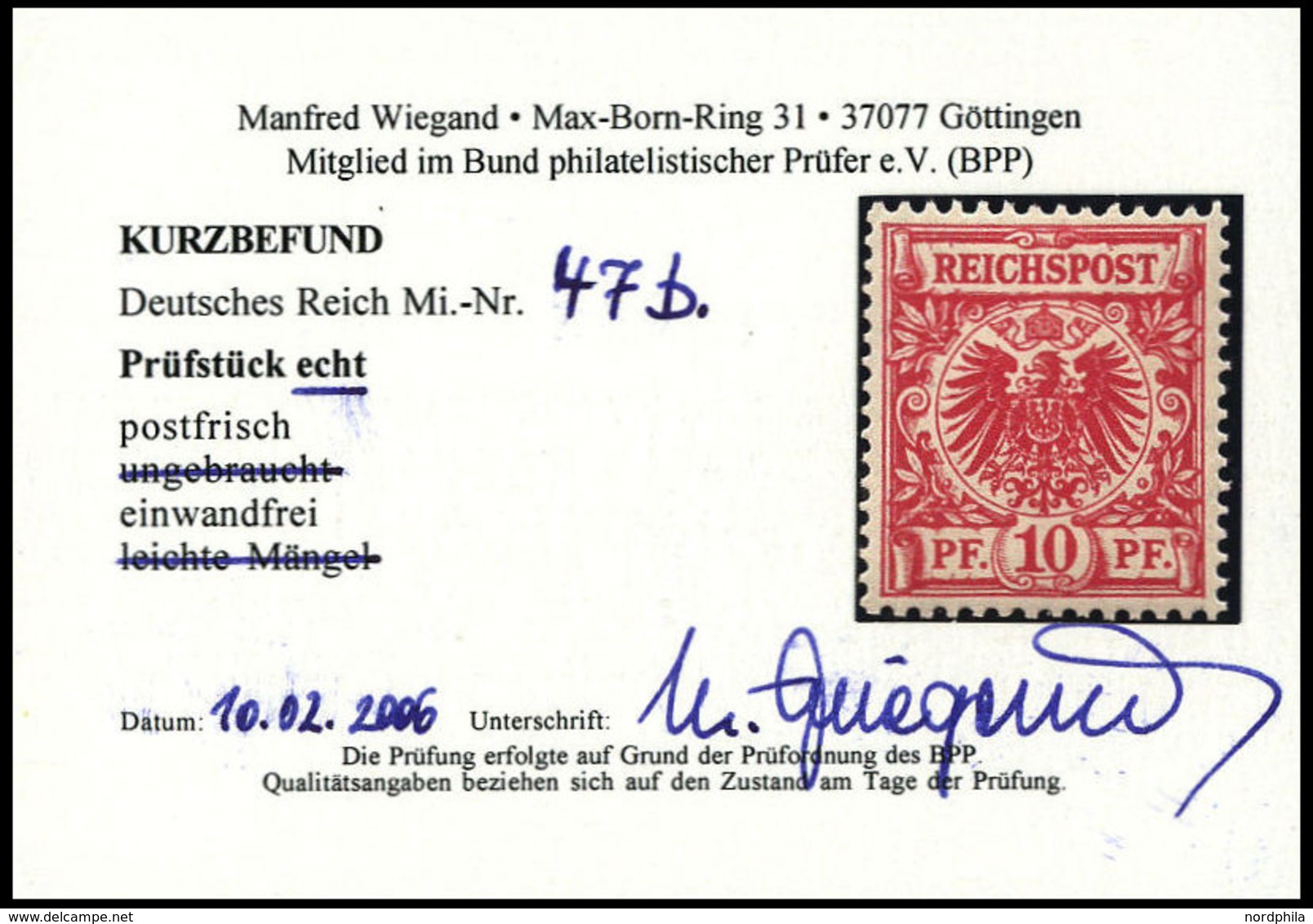 Dt. Reich 47b **, 1890, 10 Pf. Braunrosa, Postfrisch, Pracht, Kurzbefund Wiegand, Mi.120.- - Gebraucht