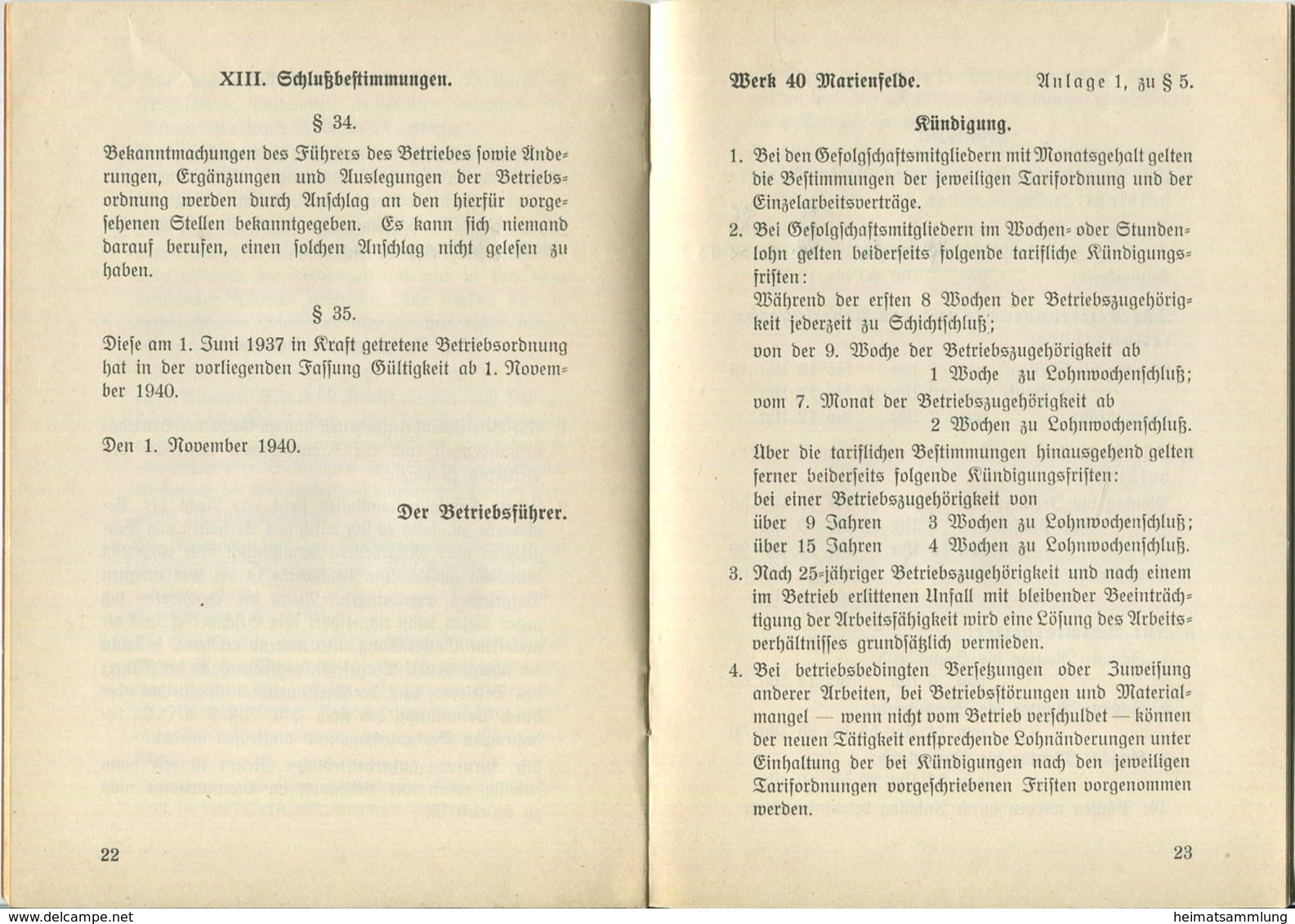 Betriebs-Ordnung Daimler-Benz Aktiengesellschaft Werk 40 Marienfelde 1937 Ausgabe 1940 - 30 Seiten - Beiliegend Strafges - Transports
