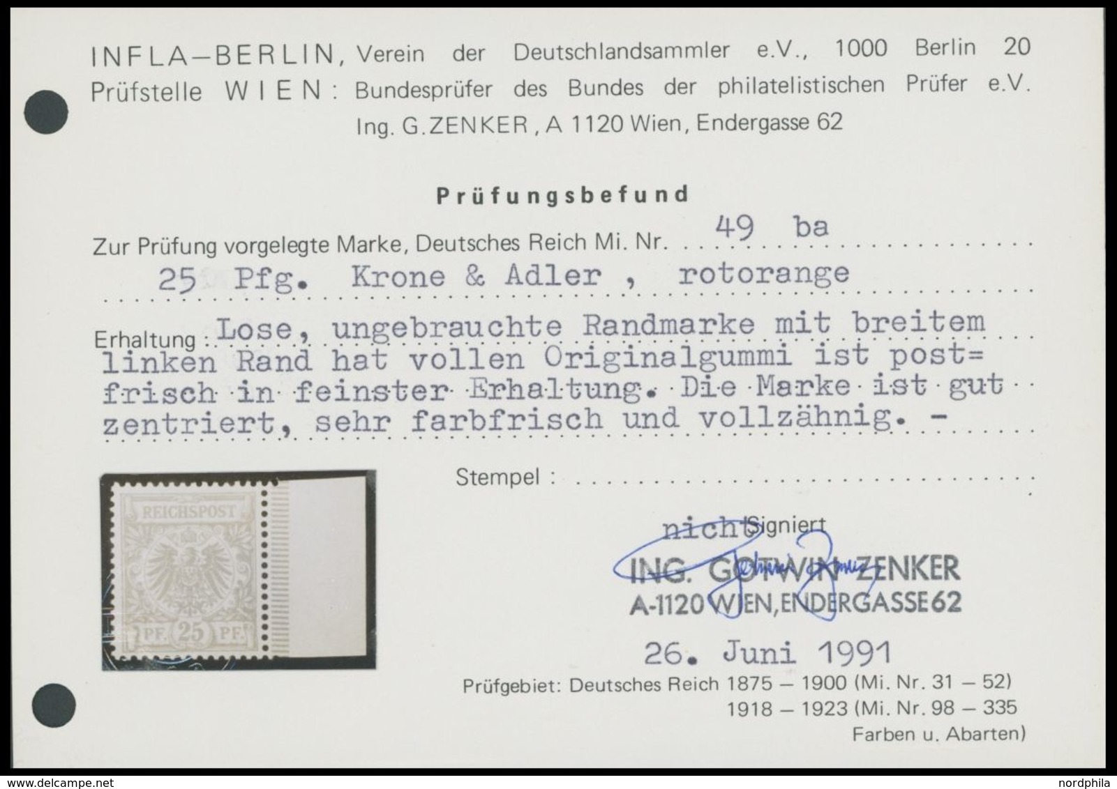 Dt. Reich 49ba **, 1898, 25 Pf. Rotorange, Rechtes Randstück, Postfrisch, Kabinett, Fotobefund Zenker, Mi. (320.-) - Usati