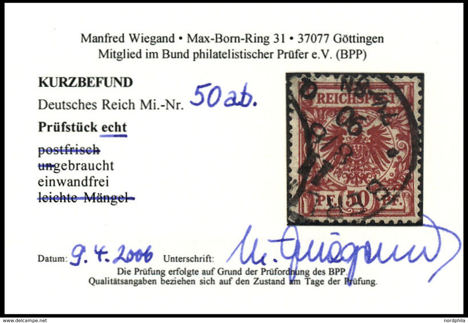 Dt. Reich 50ab O, 1889, 50 Pf. Dunkelfeuerrot, Pracht, Kurzbefund Wiegand, Mi. 280.- - Usados