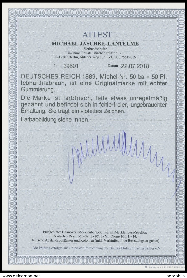 Dt. Reich 50ba *, 1889, 50 Pf. Rötlichlilabraun, Falzreste, Pracht, Fotoattest Jäschke-L., Mi. 500.- - Gebraucht