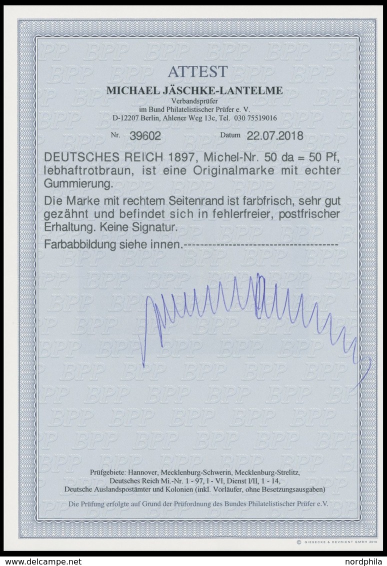 Dt. Reich 50da **, 1897, 50 Pf. Dunkellilabraun Mit Breitem Rechten Seitenrand, Postfrisch, Kabinett, Fotoattest Jäschke - Usati