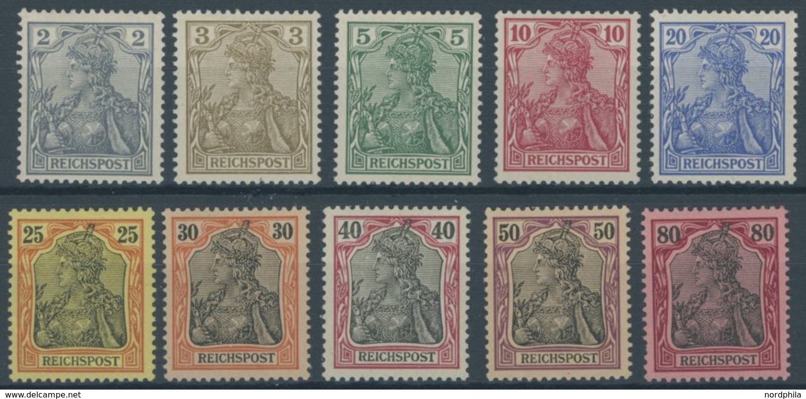 Dt. Reich 53-62 *, 1900, 2 - 80 Pf. Reichspost, Falzreste, Prachtsatz, Mi. 180.- - Used Stamps