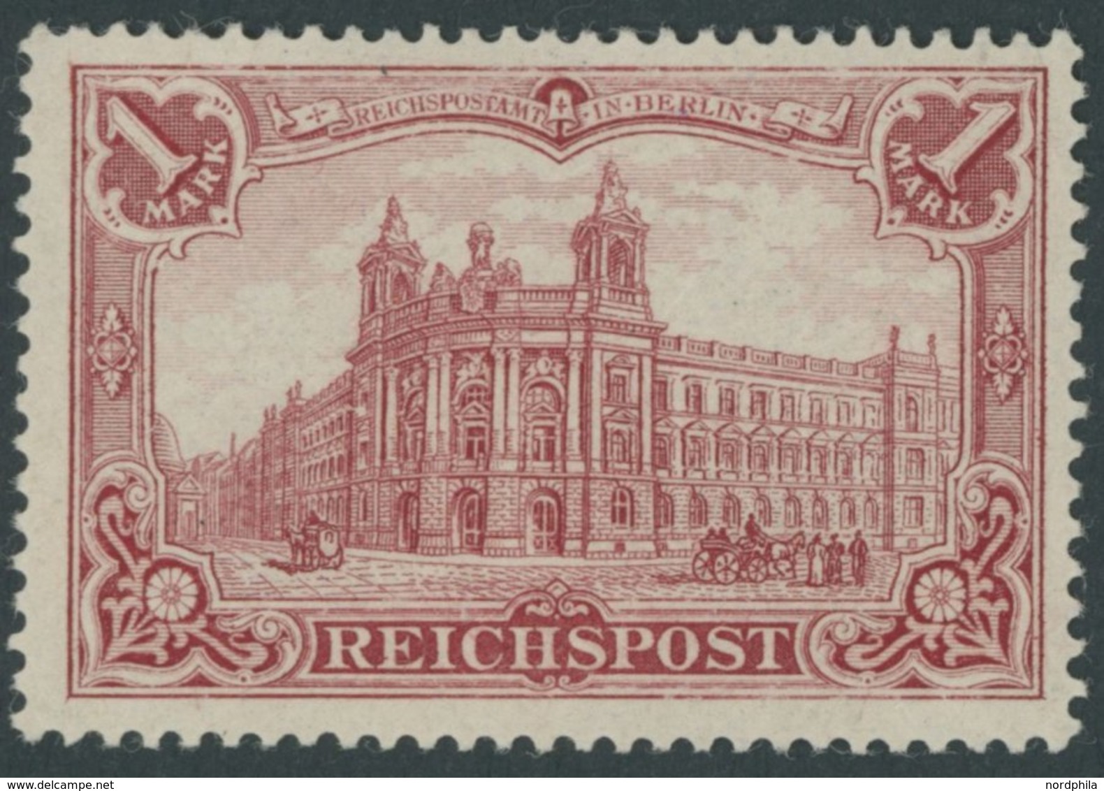 Dt. Reich 63b *, 1900, 1 M. Dunkelkarminrot Reichspost, Falzrest, Pracht, Fotobefund Jäschke-L., Mi. 400.- - Usados