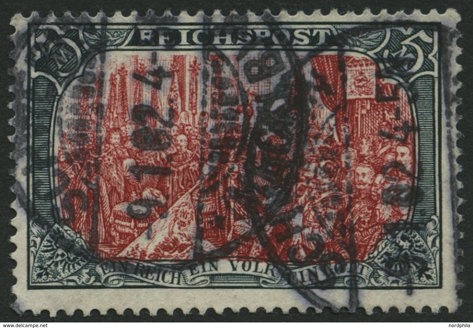 Dt. Reich 66II O, 1900, 5 M. Reichspost, Type II, Stempel SCHWERIN, Pracht, Fotoattest Jäschke-L., Mi. 500.- - Usati