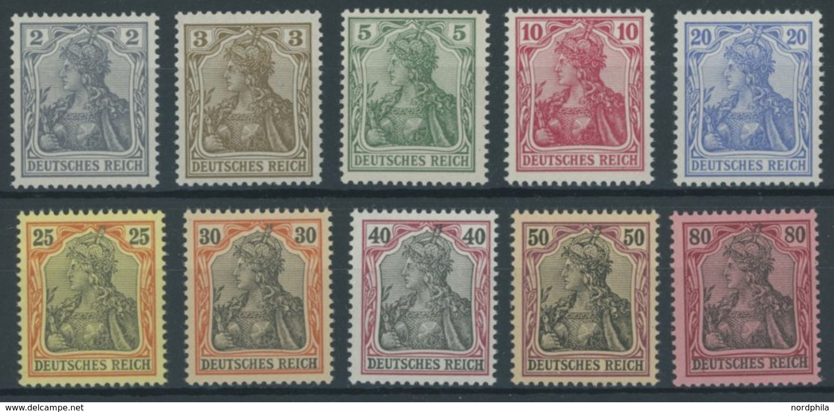 Dt. Reich 68-77 **, 1902, 2 - 80 Pf. Germania, Ohne Wz., Postfrischer Prachtsatz, Fotoattest Jäschke , Mi. 2500.- - Usati