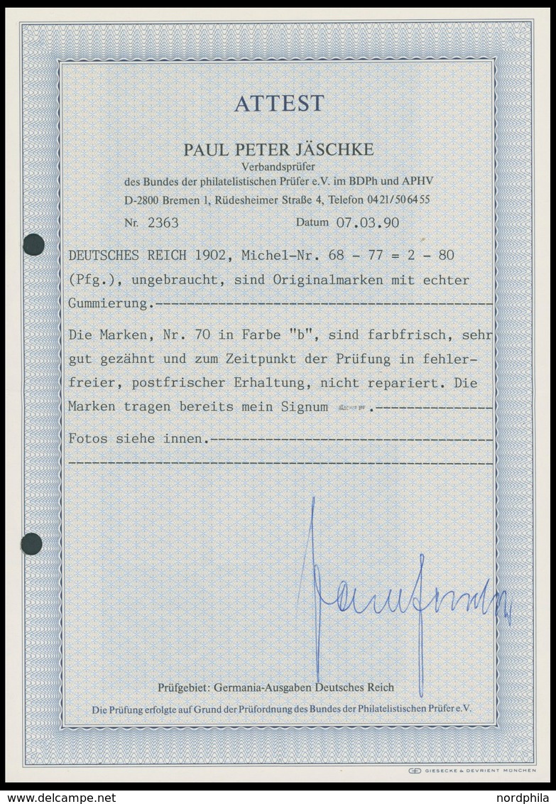 Dt. Reich 68-77 **, 1902, 2 - 80 Pf. Germania, Ohne Wz., Postfrischer Prachtsatz, Fotoattest Jäschke , Mi. 2500.- - Usati