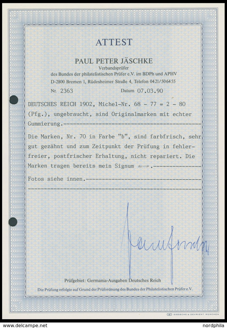 Dt. Reich 68-77 **, 1902, 2 - 80 Pf. Germania, Ohne Wz., Postfrischer Prachtsatz, Fotoattest Jäschke , Mi. 2500.- - Usados