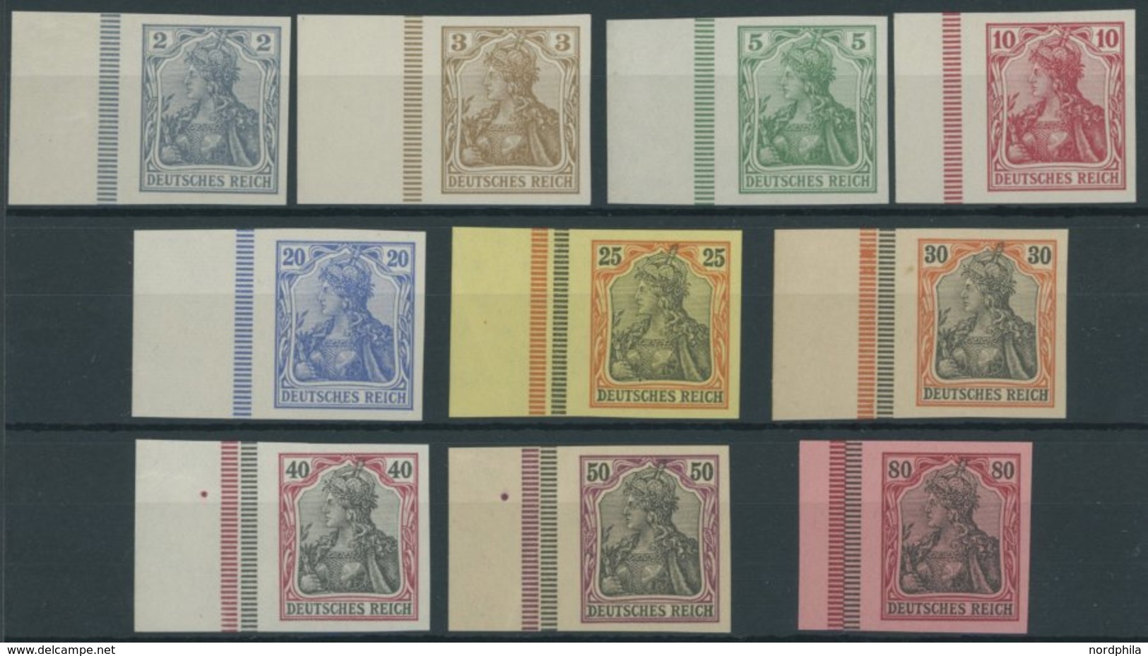 Dt. Reich 68-77U **, 1902, 2 - 80 Pf. Germania, Ohne Wz., Ungezähnt, Alle Einheitlich Mit Linkem Seitenrand, Postfrische - Used Stamps