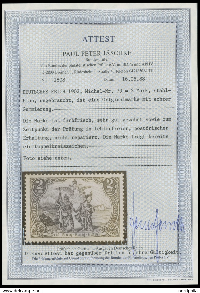 Dt. Reich 79 **, 1902, 2 M. Gotische Inschrift, Ohne Wz., Postfrisch, Pracht, Fotoattest Jäschke, Mi. 350.- - Gebraucht