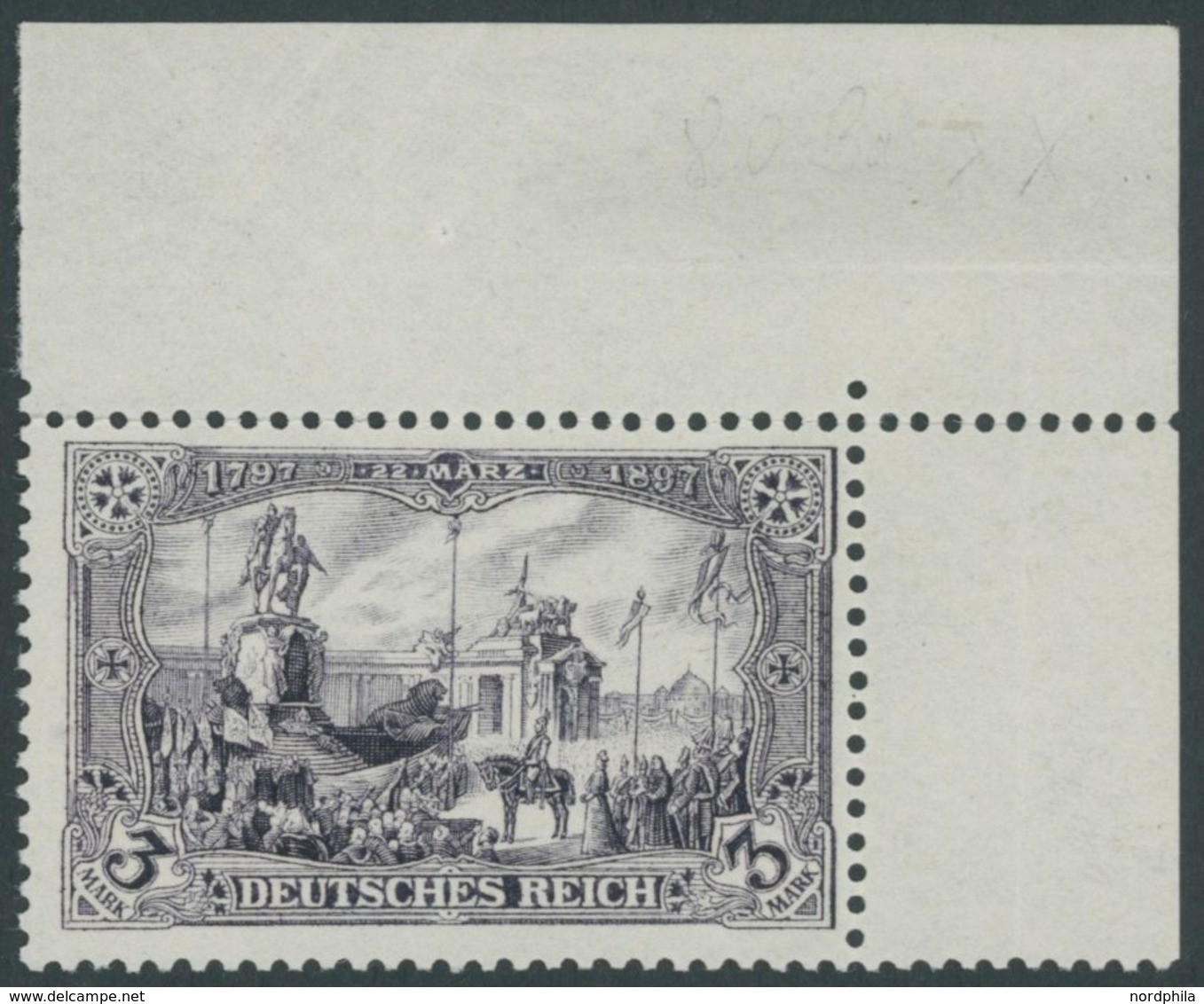 Dt. Reich 80Ba **, 1904, 3 M. Schwarzblauviolett, Gezähnt B, Ohne Wz. (obere Rechte Bogenecke Etwas Angetrennt), Postfri - Gebraucht