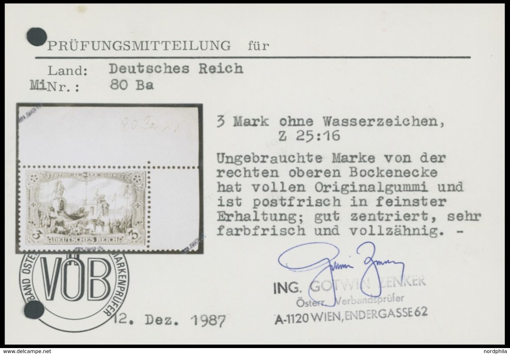 Dt. Reich 80Ba **, 1904, 3 M. Schwarzblauviolett, Gezähnt B, Ohne Wz. (obere Rechte Bogenecke Etwas Angetrennt), Postfri - Usados