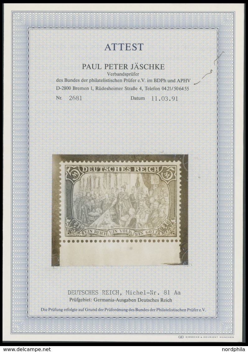 Dt. Reich 81Aa **, 1904, 5 M. Grünschwarz/dunkelkarmin, Gelblichrot Quarzend, Gezähnt A, Ohne Wz., Unterrandstück, Postf - Used Stamps