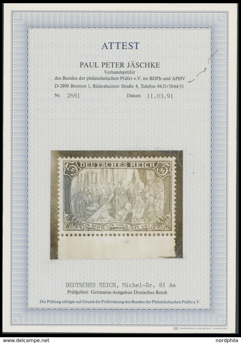 Dt. Reich 81Aa **, 1904, 5 M. Grünschwarz/dunkelkarmin, Gelblichrot Quarzend, Gezähnt A, Ohne Wz., Unterrandstück, Postf - Usados