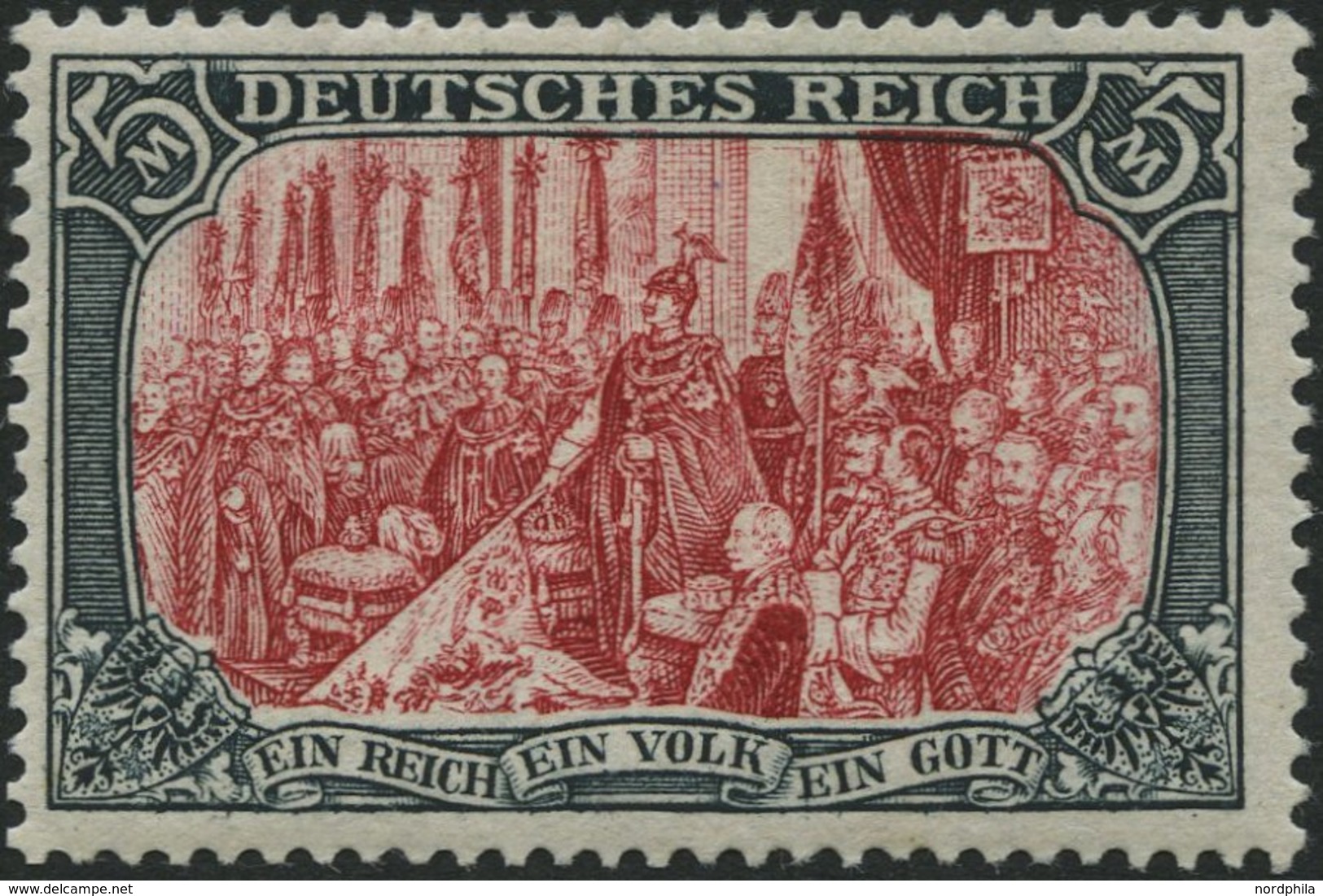 Dt. Reich 81Ab *, 1902, 5 M. Grünschwarz/dunkelkarmin, Karmin Quarzend, Gezähnt A, Ohne Wz., Falzrest, Pracht, Mi. 350.- - Usati